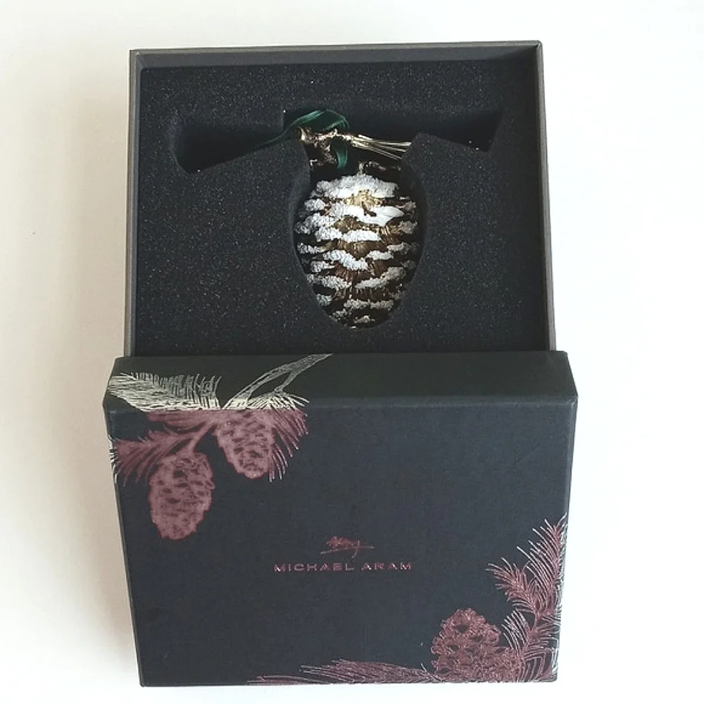 NIB Michael Aram Pine Cone Snowy Ornament With Green Velvet Ribbon - Picture 10 of 15